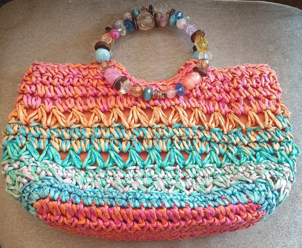 Cappelli Straworld Rainbow Jewel Beaded Circle Handle Crochet Straw Boho Handbag